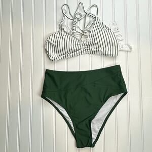 Cupshe Women 2 Piece Swimsuit Small Green White Striped Braided Back High Waist
